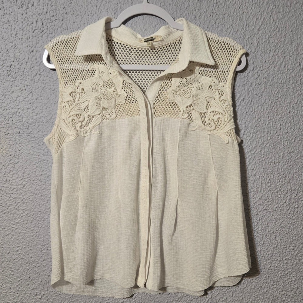 Gimmicks BKE Lace Mesh Blouse S Cream Boho Cottagecore Romantic Sleeveless Top